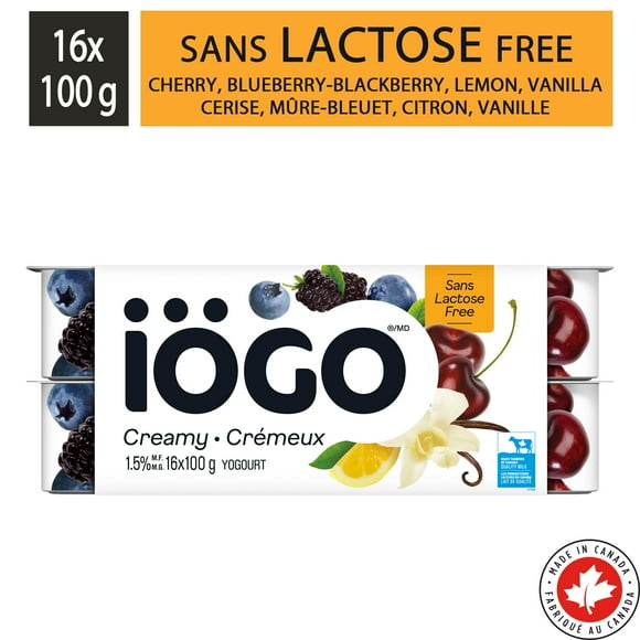 iÖGO Pots de yogourt sans lactose cerise, citron, mûre-bleuet, vanille 1,5&nbsp;% 16x100gg