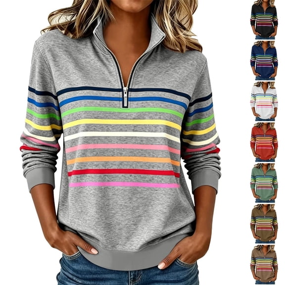 Husipze Womens Quarter Half Zip Pullover Mock Neck Sweatshirt Long Sleeve Striped Casual Fall Winter Shirt Gray S