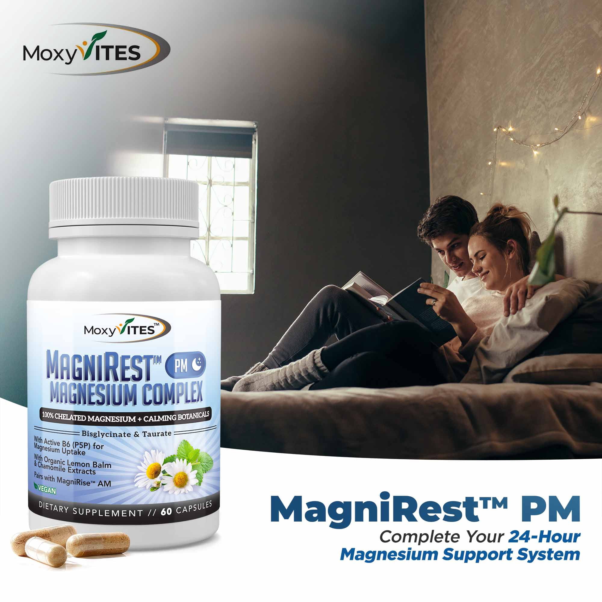 MoxyVites MagniRest Magnesium Bisglycinate Taurate with Vit B6, Sleep Aid, Anxiety Relief, Gluten-Free, Vegan, 60 Count