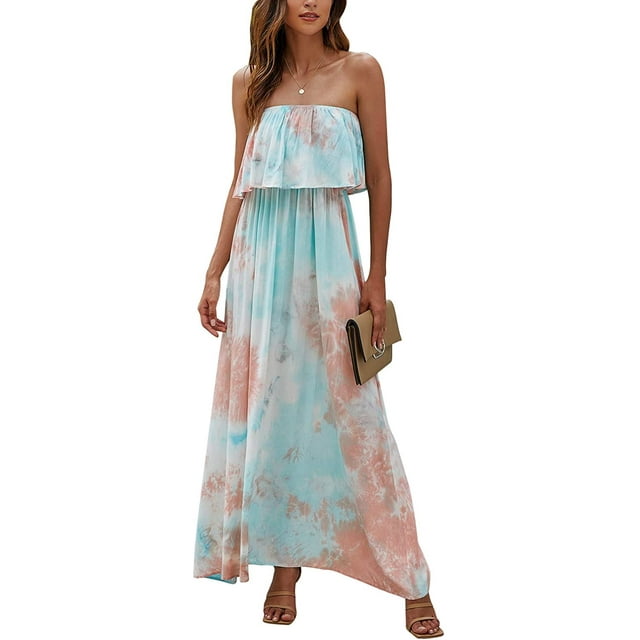 Robes d'Été pour Femmes Bleu et Blanc en Porcelaine Sans Bretelles Boho Maxi Longue Robe
