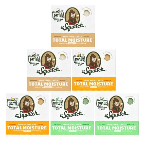 Dr. Squatch NEW Total Moisture Men's Bar Soap - 6-Pack Unscented Shea Butter, Mango Butter, Green Tea Butter - No Added Fragrance - Nourish, Smooth, a