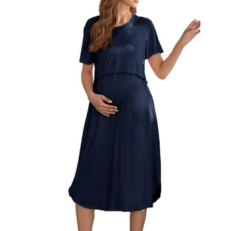 

Plain Maternity Loungewear Round Neck Nursing Slip Dress Short Sleeve Medium Stretch Navy Blue M
