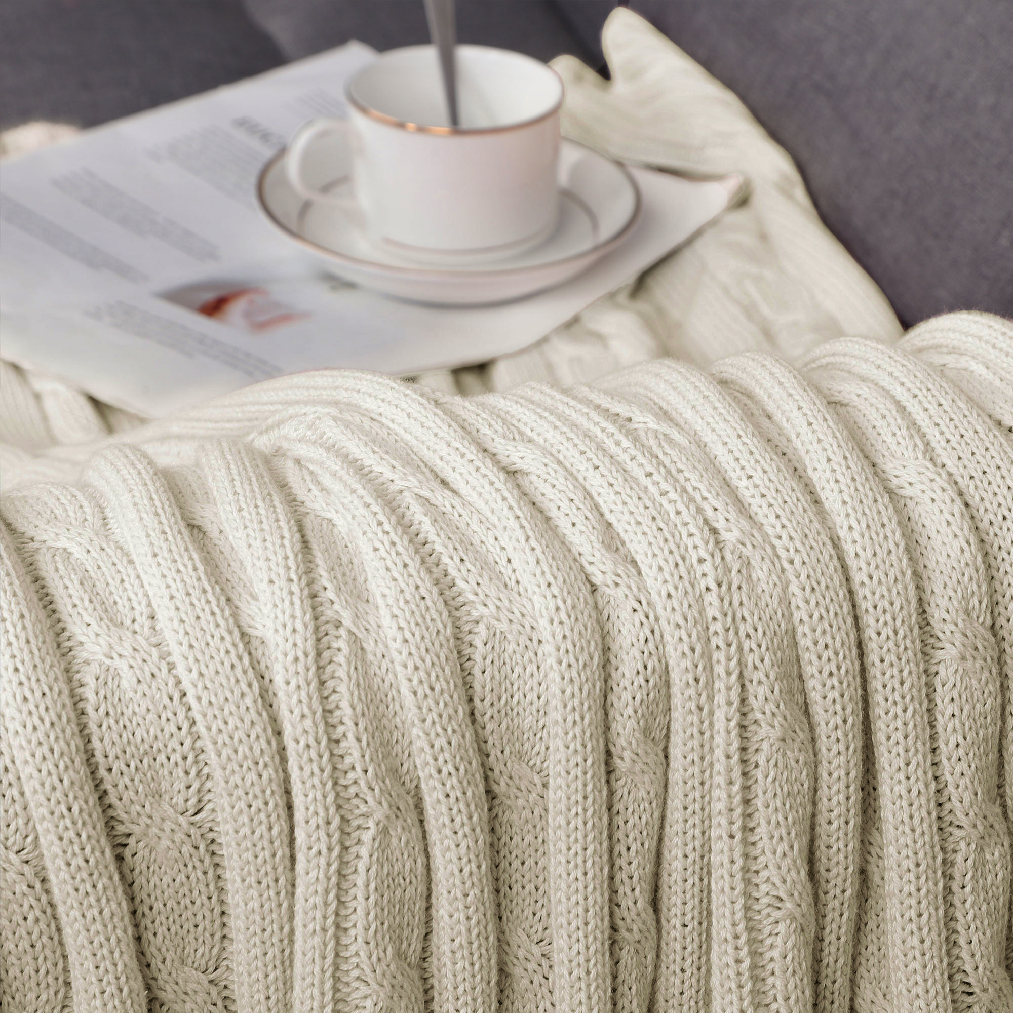 Unique Bargains 100% Cotton Cable Knit Throw Bed Blanket Beige 51" x 59"