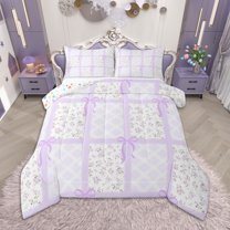 Homewish Girls Floral Flower Full Size Comforter Sets, Purple Checkered Bedding Comforter Set, Cute Bow Knot Bedding Sets, Microfiber Bedroom Decor