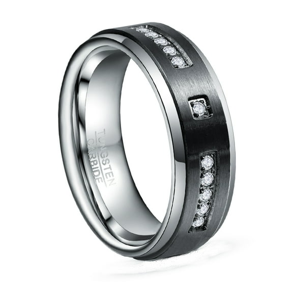 JQUEEN Men's 8mm Outer Ring Black Cubic Zirconia Tungsten Carbide Engagement Rings Size 7-12