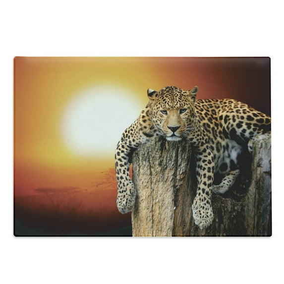 Safari Cutting Board, Leopard Sitting on Dry Tree at Sunset Danger in the Air Big Cat with Spotted Form, Decorative Tempered Glass Cutting and Serving Board, Large Size, Orange Brown, by Ambesonne
