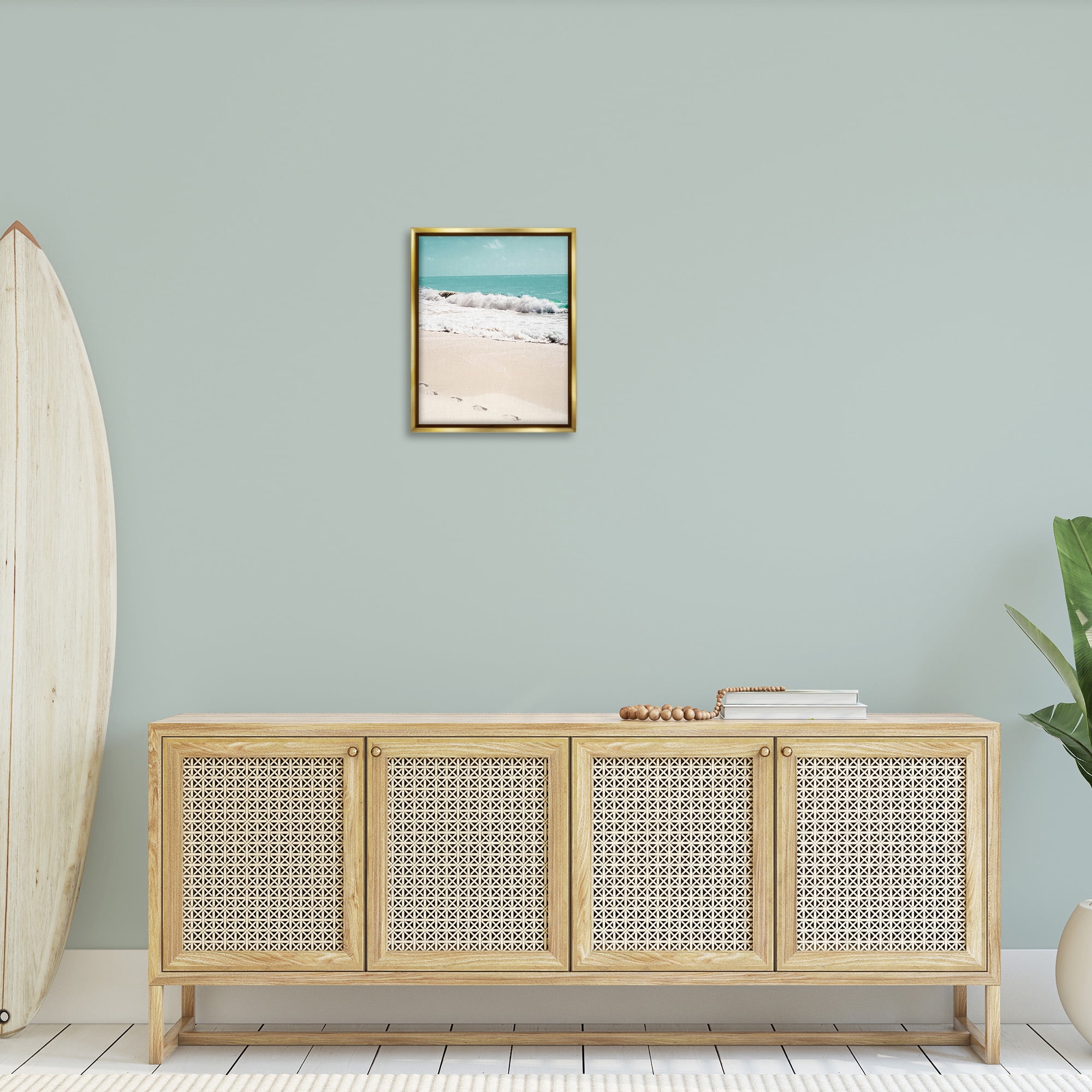 Stupell Industries Footprints on Beach Shore Landscape Photography Gold Floater Framed Canvas Art Print Wall Art, 17 x 21