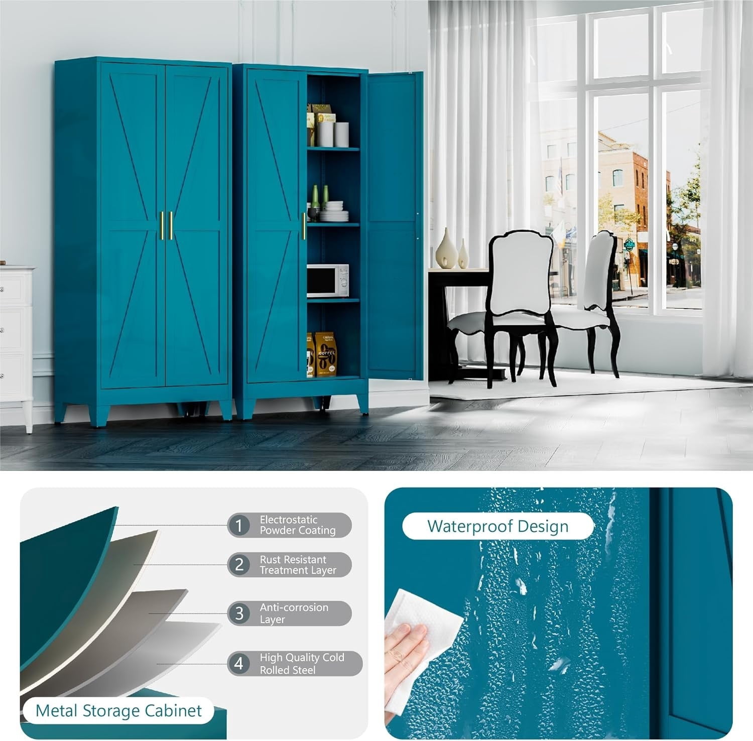 WDZS Large Metal Kitchen Pantry Cabinet with Adjustable Shelves - Freestanding Kitchen Storage Cabinet for Dining Room,Livingroom Bathroom, Hallway, Workshop, Office,Blue