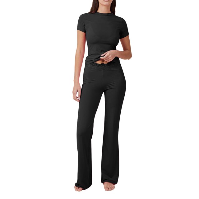 SUNSIOM Ensemble d'Été 2 Pcs pour Femmes Manches Courtes Col Rond + Pantalon Évasé Mode Urbaine
