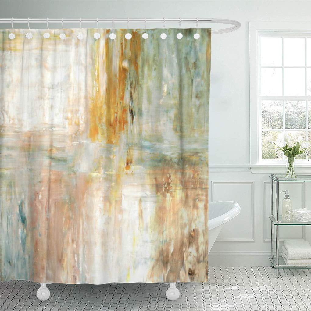 Cynlon Teal Sage Coffee Green Abstract, Sage Green And Brown Shower Curtain