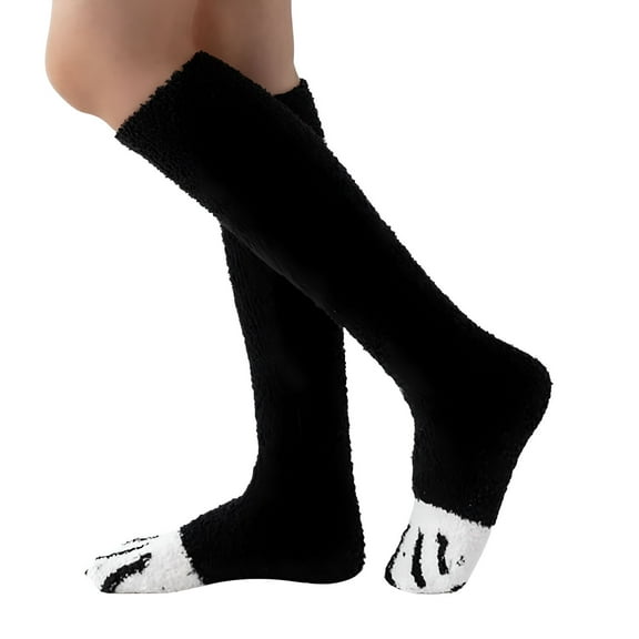 TELOLY Fuzzy Socks for Women Cozy Warm Coral Fleece Knee High Socks Cat Stripe Cute Winter Slipper Sock Thick Bed Sock Girls Stocking Black