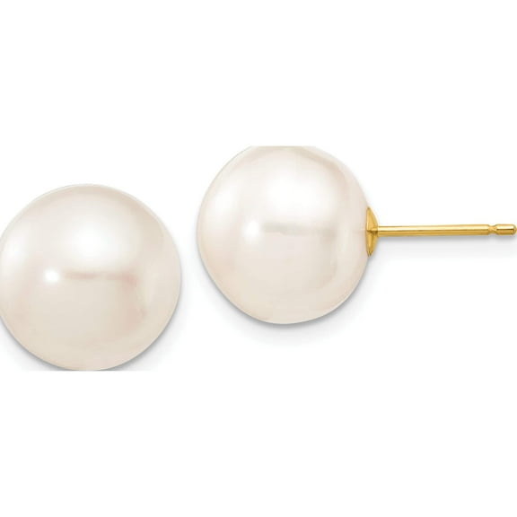 14K Yellow Gold 11-12mm White Button Freshwater Cultured Pearl Stud Post Earrings Made In Canada x110bw