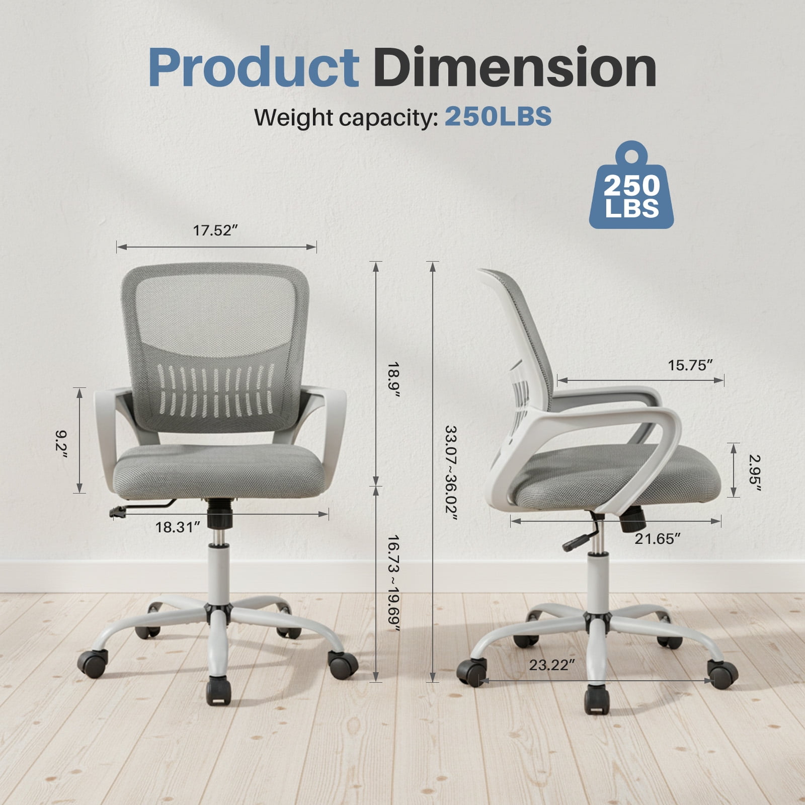 EDX Desk Chair with Ergonomic Lumbar Support, Fixed Armrests & Removable Footrest - 250lbs Capacity, Suitable for Home, Office, Bedroom, Gray