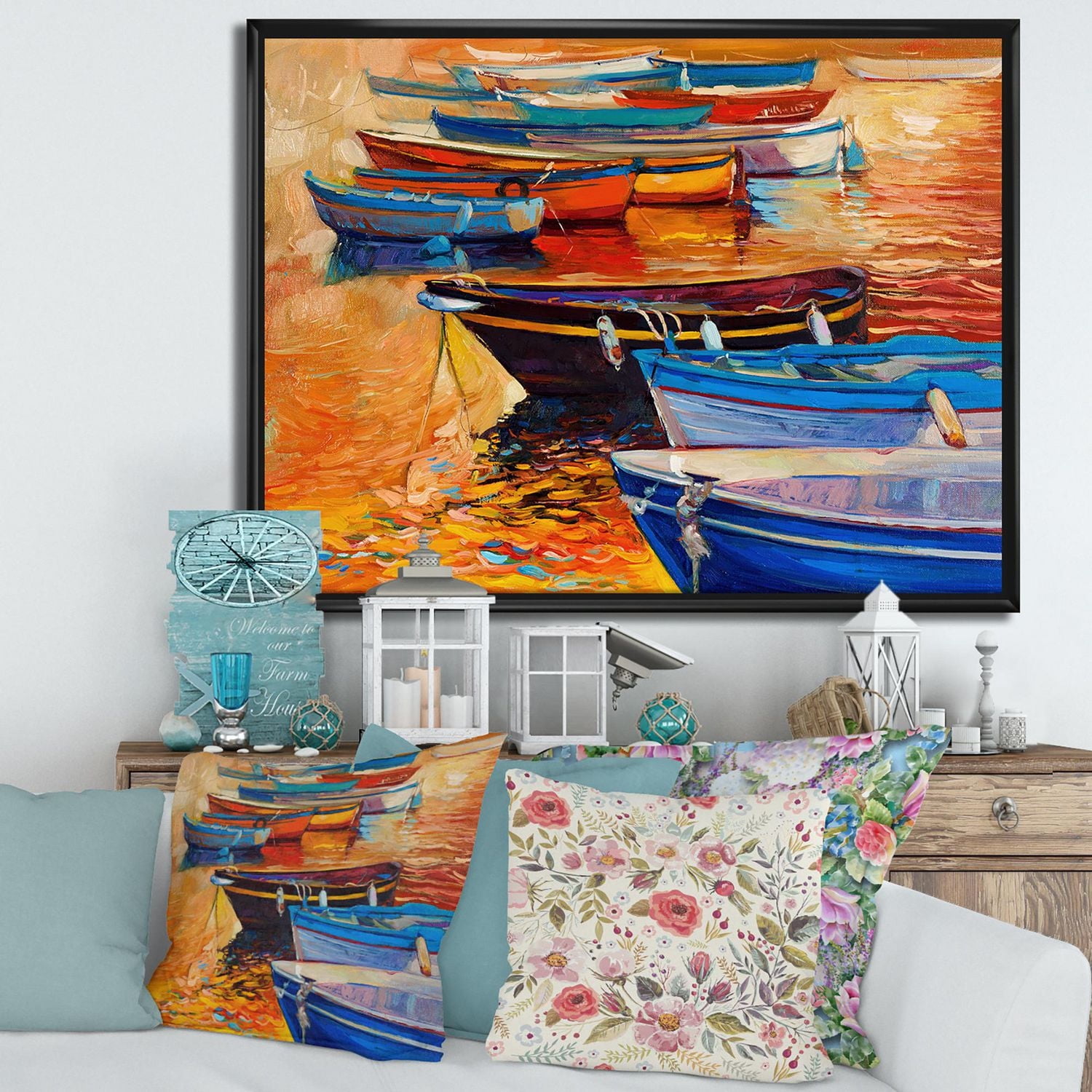 Designart Bateaux dans le port pendant le coucher du soleil chaud de Colourd I ART MURAL À CADRE FLOTTÉ