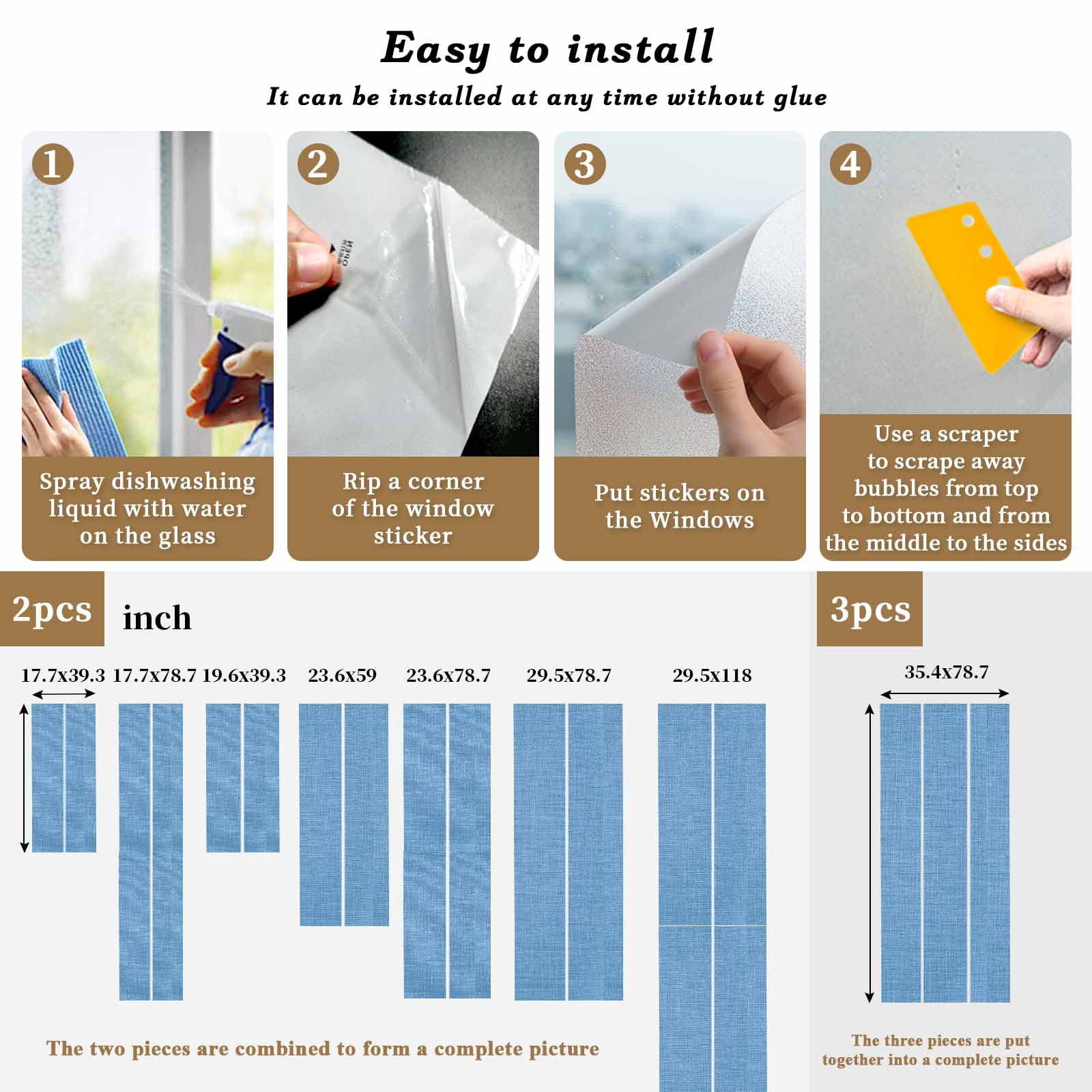 Reusable Static Cling Window Tints, Blue Window Privacy Film Frosted, Farmhouse Burlap Solid Blue Color Modern Linen Texture Heat Control Windows Films for Offices, Balcony, 29.5 x 118 Inches