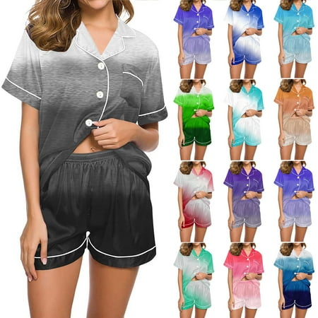 Bixock Womens Pajamas Sets 2 Piece Loungewear Set Gradient Color Short Sleeve Lapel Top and Pant Loose Style Sleepwear