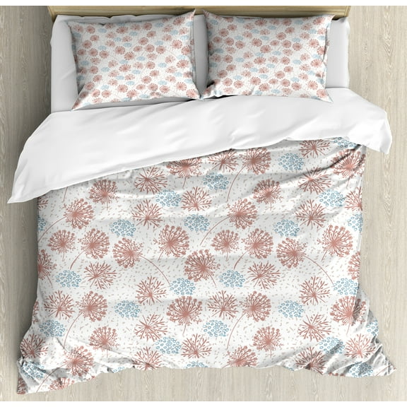 Nature Duvet Cover Set, Botanical Art Pattern with Continuous Rustic Flowers and Dots Print, Decorative 3 Piece Bedding Set with 2 Pillow Shams, Queen Size, Pale Rust White and Blue, by Ambesonne