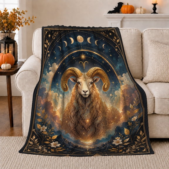 Celestial Aries Ram Design Golden Horns Moon Phases, Mystical Celestial Art Scene, Warm Flannel Blanket for Office and Dorm, Celestial Art Lovers Housewarming Gift, Celestial Home Decor