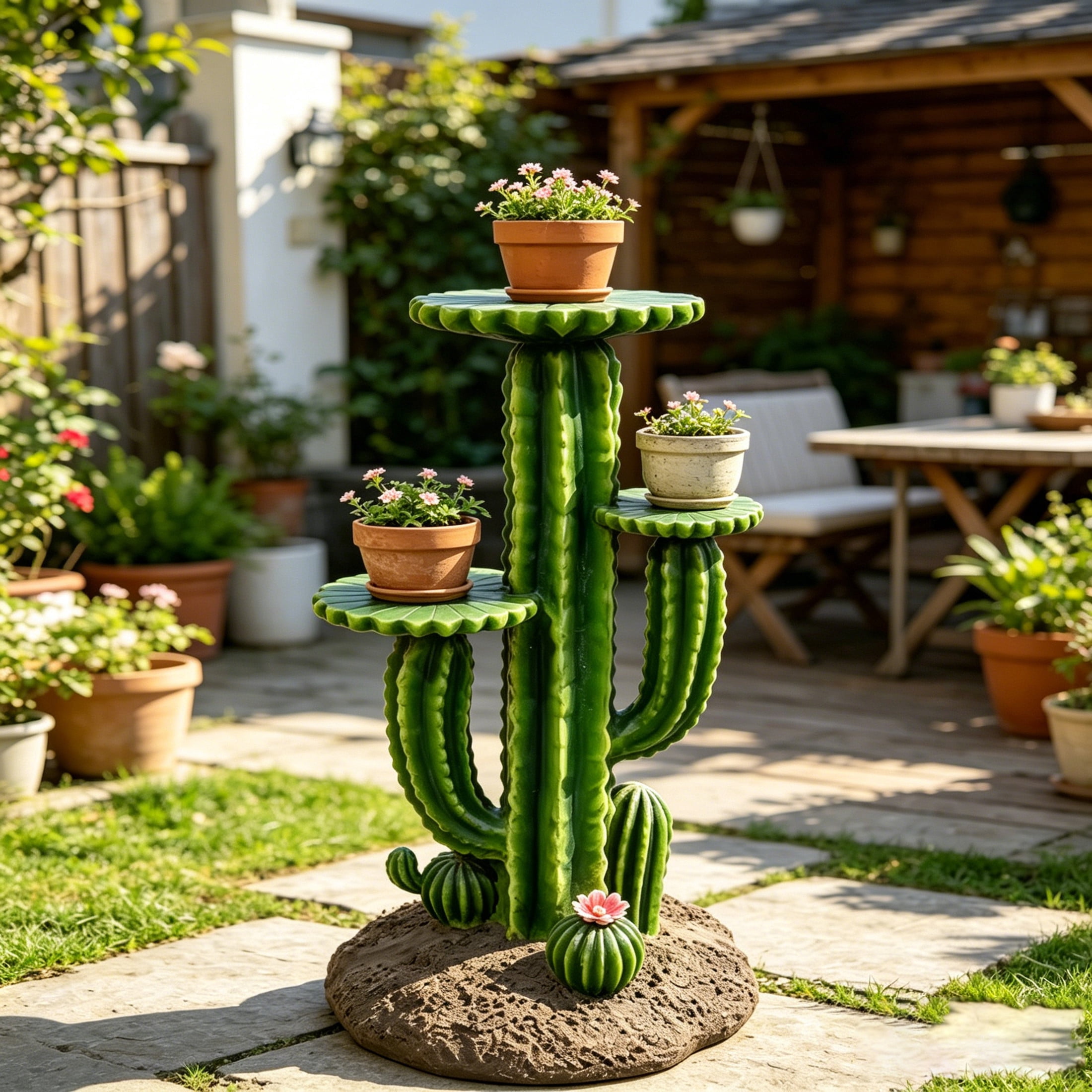 GDF Studio 32" Saguaro Cactus Plant Stand with 3 Display Shelves, Multi-Tier Weatherproof Resin Outdoor Garden Decor