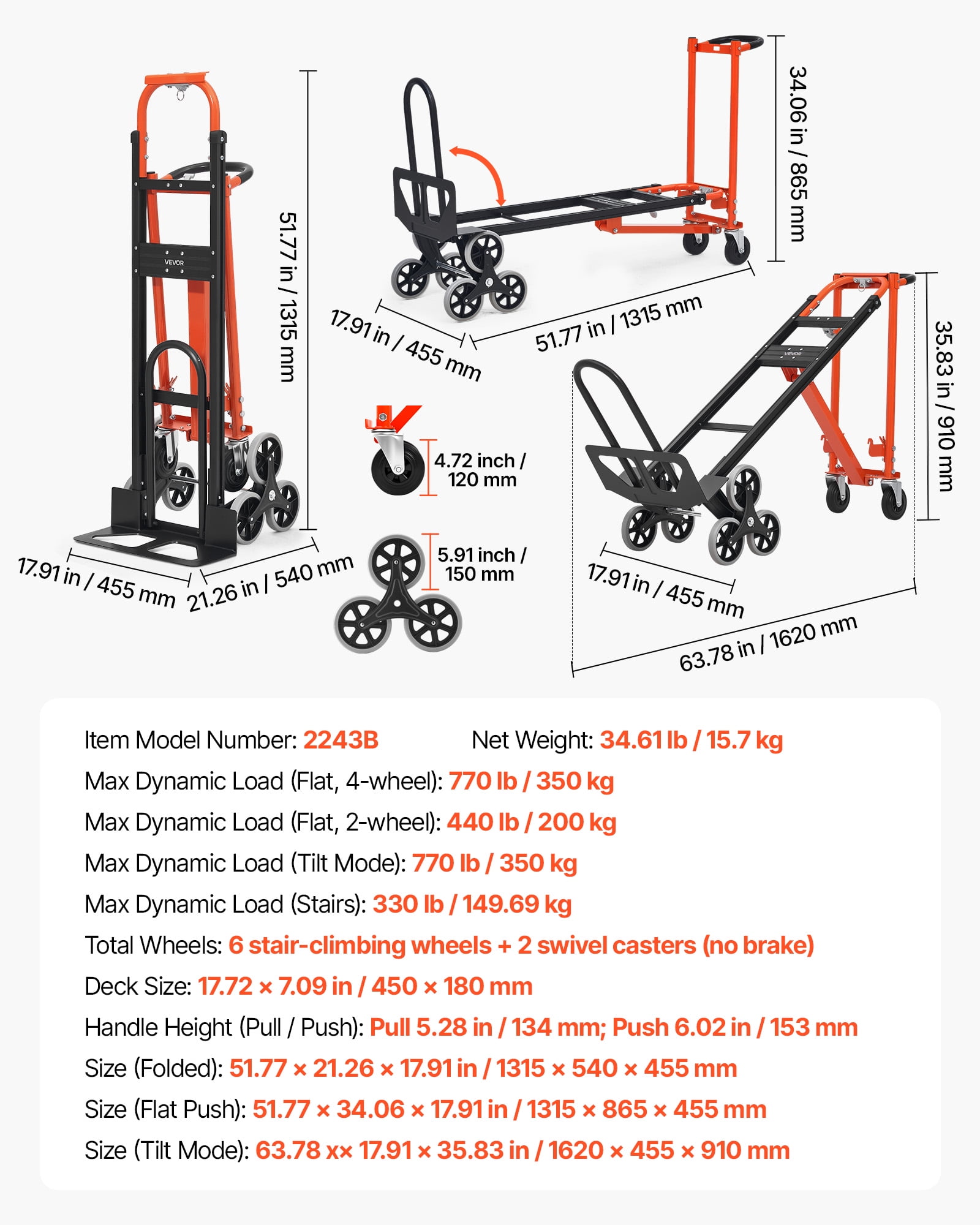 VEVOR 3 in 1 Industrial Convertible Stair Climbing Cart, 770 lbs Max Load, Folding Hand Truck Dolly with Handle & Wheels, Stair Climbing Utility Trolley for Transport & Moving, Orange & Silver