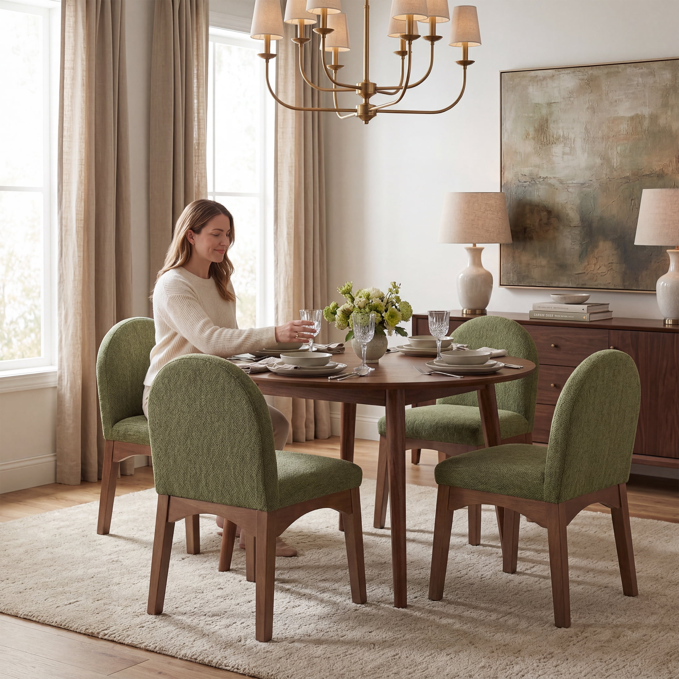 Guyou Modern Dining Chairs Set of 2, Chenille Upholstered Dining Room Chairs, Mid Century Wooden Kitchen Side Chairs for Dining Room, Kitchen, and Living Room, Green