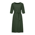 thumbnail image 3 of FAKKDUK Casual Dresses for Women 3/4 Sleeve Cotton Linen Summer Beach Dress Round Neck Belted A Line Midi Sundresses Casual Tiered Work Maxi Dress,Army Green&XXXL, 3 of 8