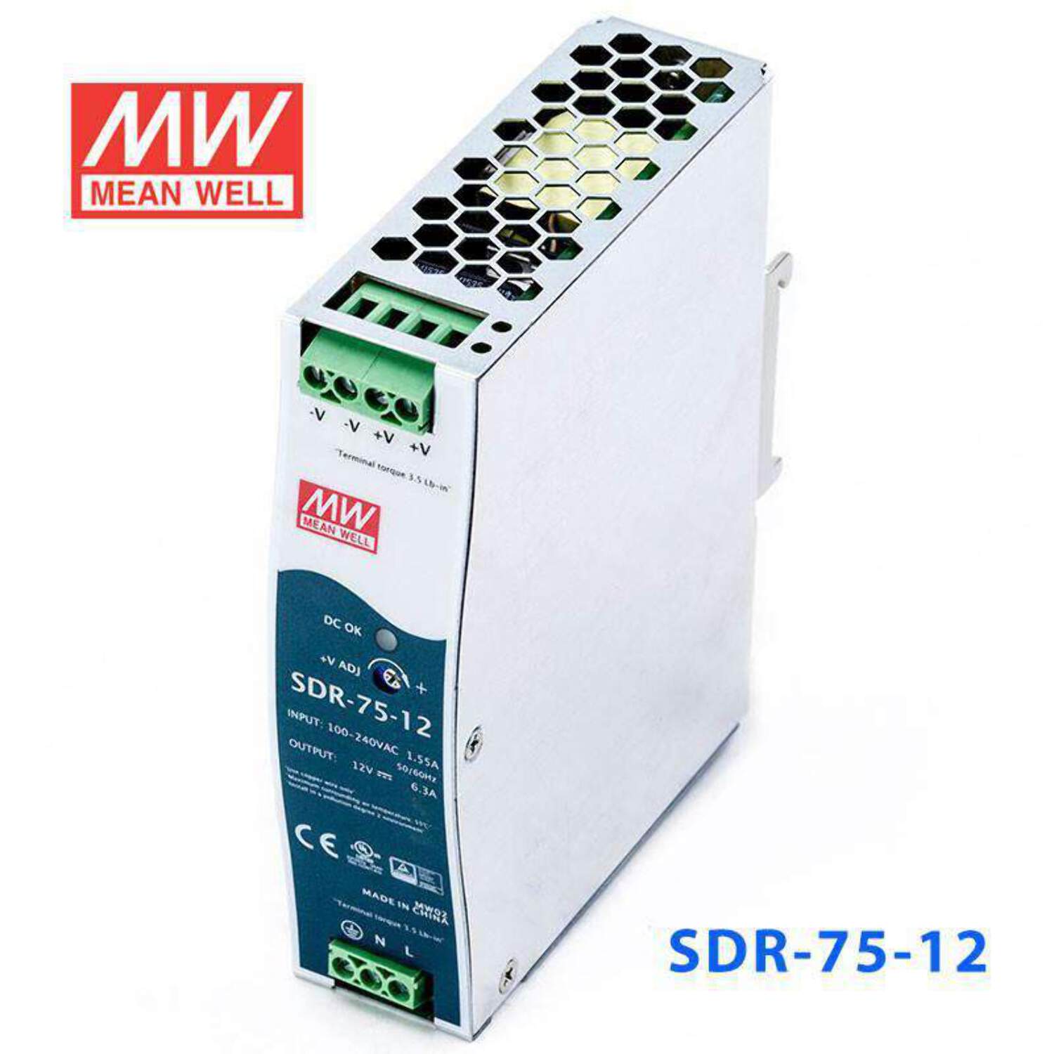 Mean Well SDR-75-12 Single Output Industrial Power Supply 75W 12V - DIN Rail