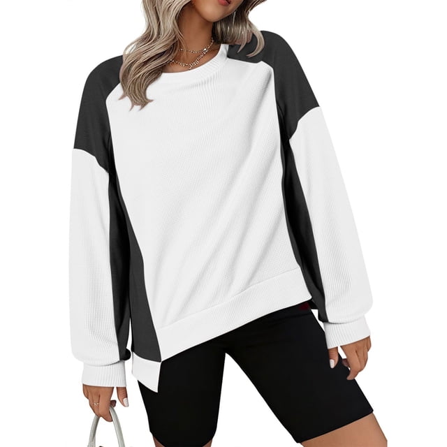 IMENGL Oversized knit color block crewneck, Black L, Size M-2XL
