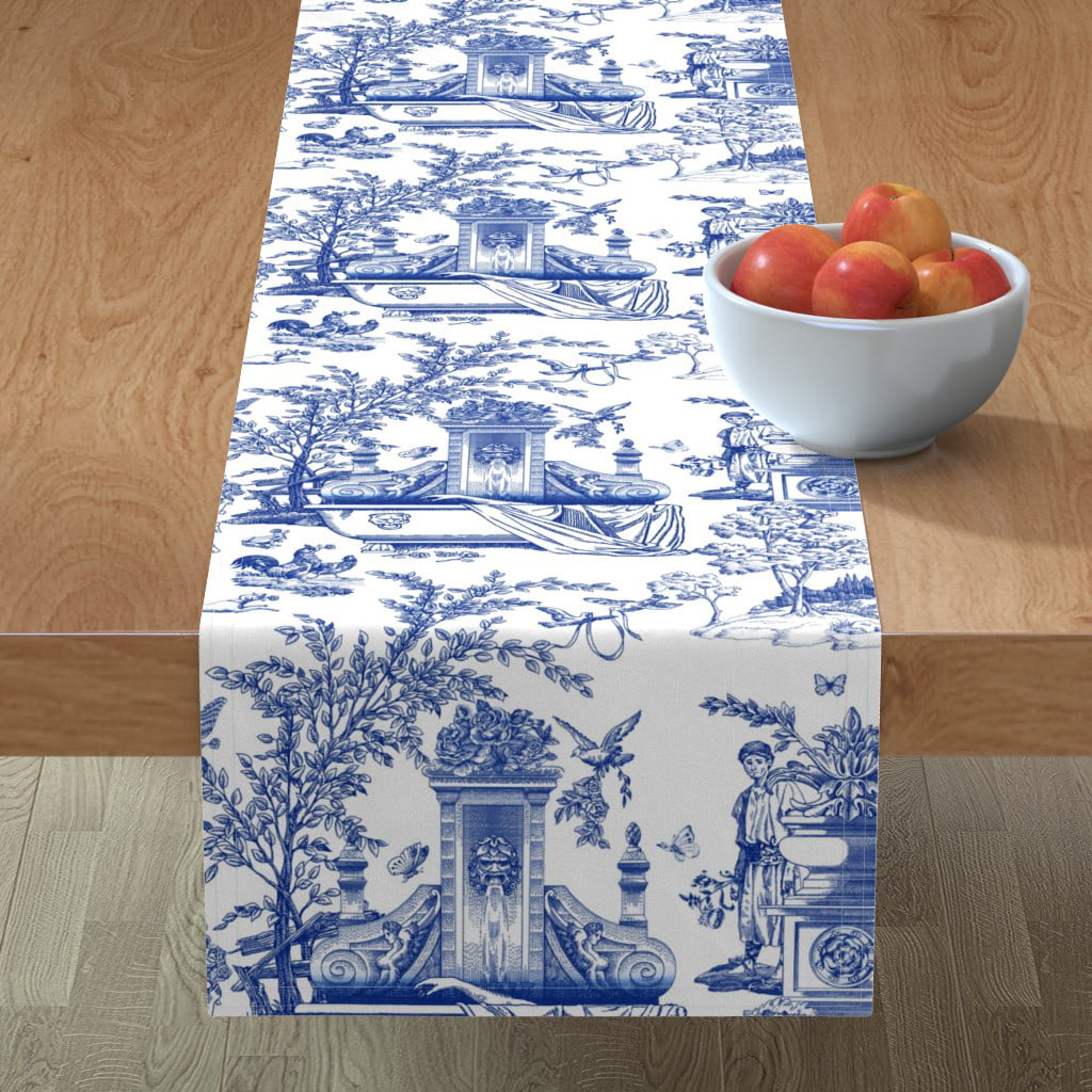 Table Runner Watercolor Ikat Blue And White Horse Shoe Abstract Cotton Sateen