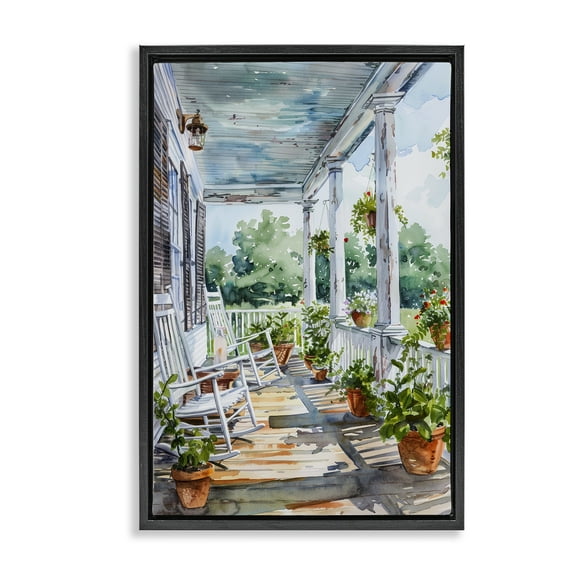 Stupell Industries Summer Plant Filled Porch Buildings & Architecture Painting Black Floater Framed Canvas Art Print Wall Art, 17 x 25