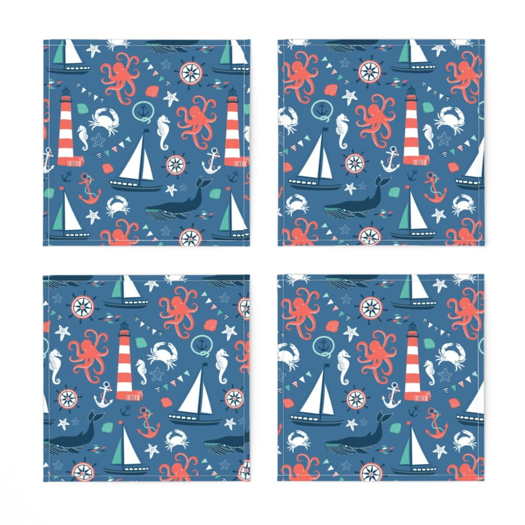 Linen Cotton Canvas Cocktail Napkins (Set of 4) Nautical Fun Ocean