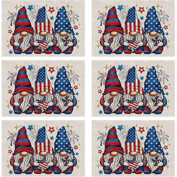 4th of July Placemats Set of 6 Gnome Patriotic America Memorial Day Independence Day Dining Table Decoratios Table Mats Cloth Placemats 12X18 Inch