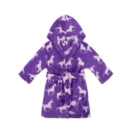 Girls Robe Hooded Printed Fleece Bathrobe w/Side Pockets,Unicorns,M