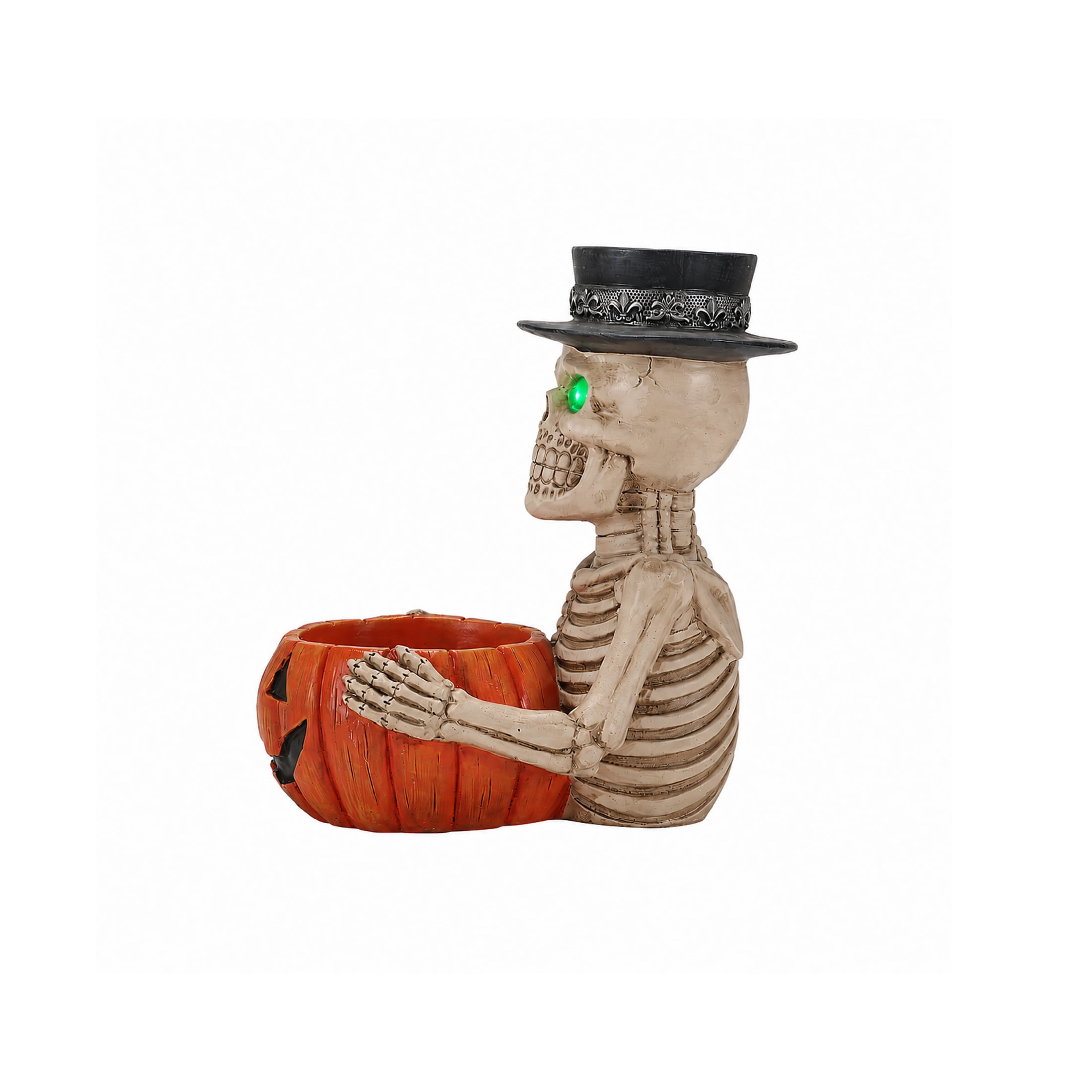 Noble House Halloween Skeleton Figurine with Pumpkin Bowl & Pillar Candle Holder Top Hat, Decorative Statue, Black White