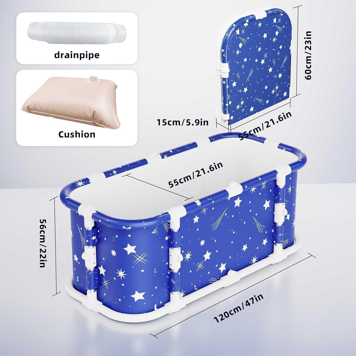 Portable Bathtub, 47“ Foldable Bathtub-Installation Free, 7 Layers Thicken with Metal Support, Therapy Tub for Shower Stall Fold Up Soaking Bath Tub, Hot SPA, Ice (Classic Star EA6)