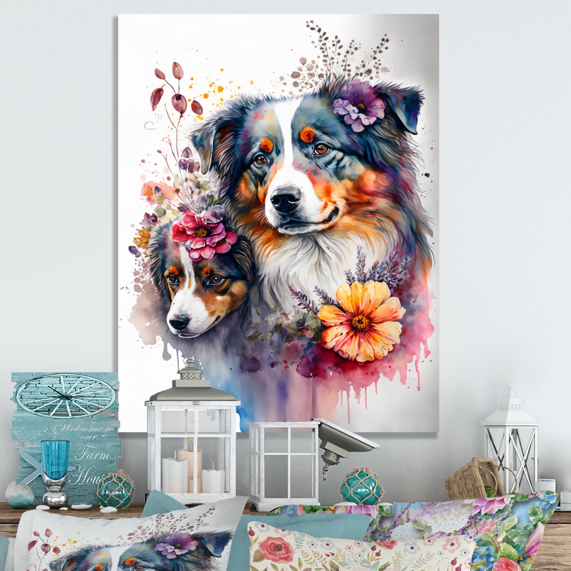 Designart Cute Australian Shepherds Floral Art II Canvas Wall Art
