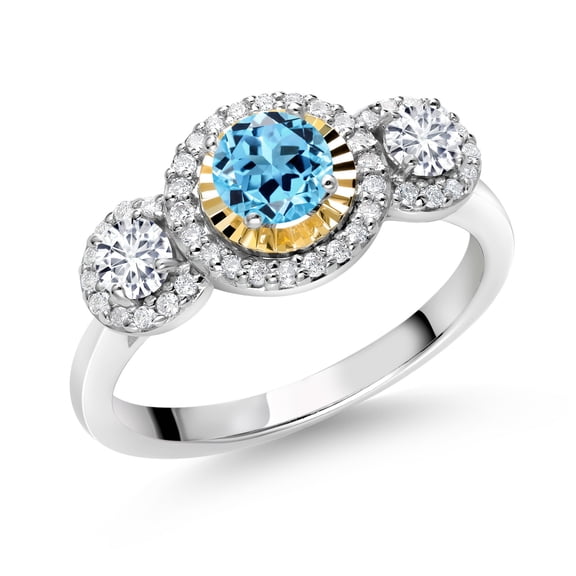 Gem Stone King 0.77 Ct Swiss Blue Topaz E-F Lab Grown Diamond 925 Silver and 10K Yellow Gold 3 Stone Women's Ring (Size 9)