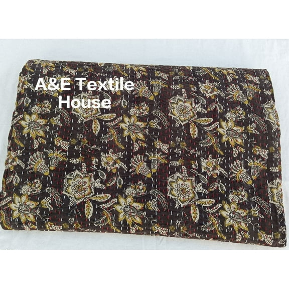 Kantha Quilt Handblock Print Indian Netural Colour floral print Quilt Hand Stitched Natural vegetable dye cotton