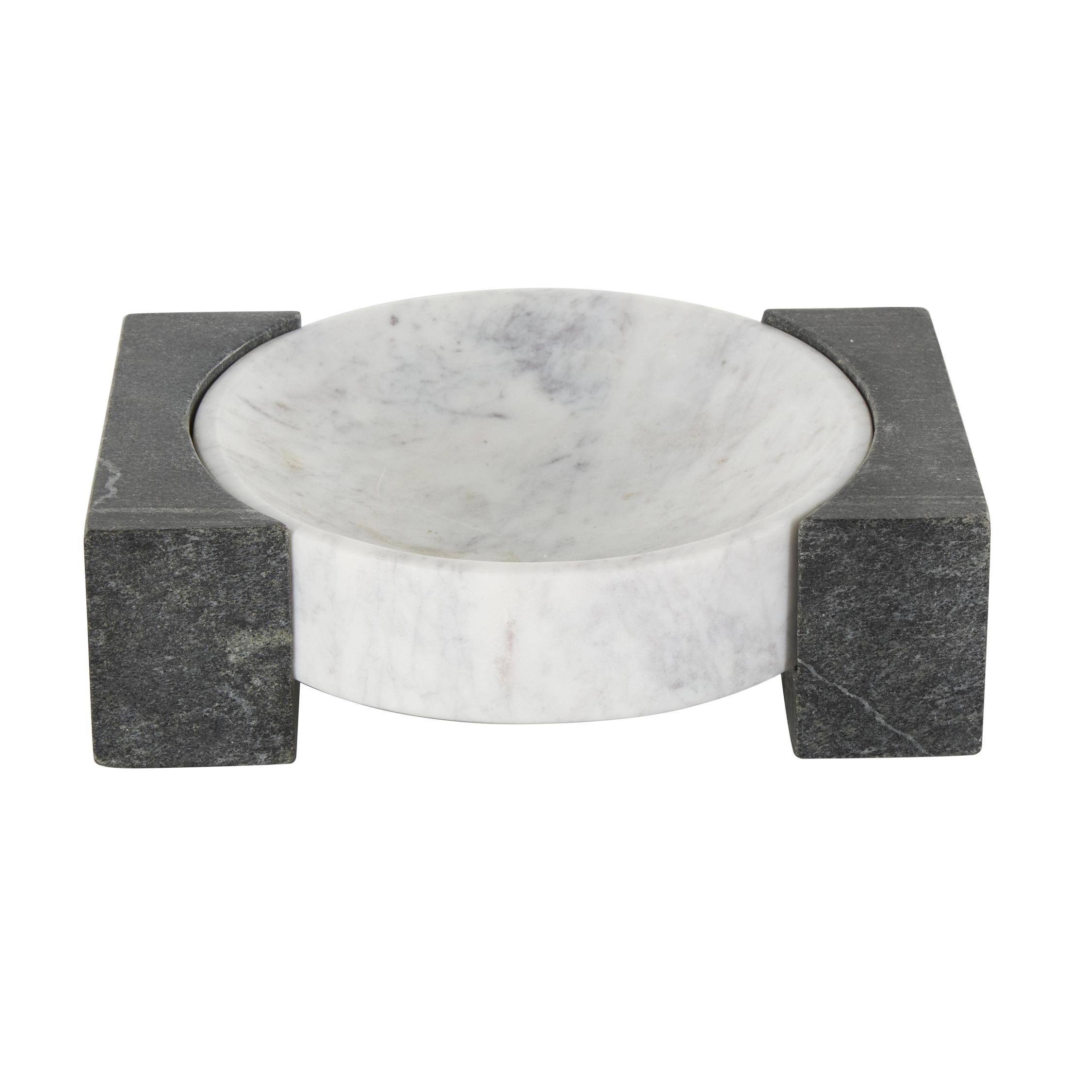 DecMode 10" x 8" White Marble Round Geometric Tray with Black Rectangular Blocks, 1-Piece