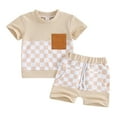 thumbnail image 2 of Newborn Baby Girl Boy Summer Clothes Checkered Plaid Short Sleeve T-Shirt Tops Shorts Set Color Block Outfit, 2 of 7