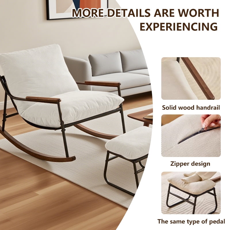 Rocking Chair with Footrest,Recliner Chair with Soft Cusion and Backrest,Solid Wood Glider Rocking Chair with Arm,Lounge Chair for Living Room, Bedroom,Office,White