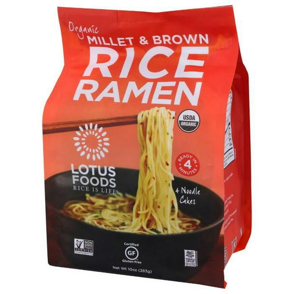 Lotus Foods - Gâteaux de Nouilles Ramen au Millet et au Riz Brun Biologiques, 283g Lotus Foods - Ramen Biologique au Millet et au Riz Brun, 283g