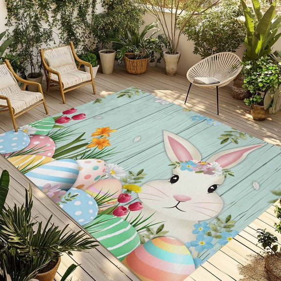 Easter Bunny Outdoor Rug for Patio/Deck/Porch, Non-Slip Large Area Rug 5 x 8 Ft, Spring Watercolor Eggs Flower Wood Grain Teal Indoor Outdoor Rugs Washable Area Rugs, Camping Rug Carpet Runner