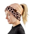 thumbnail image 1 of C.C BeanieTail Cable Knit Messy High Bun Ponytail Cuff Beanie Hat, Leopard Indi Pink, 1 of 4
