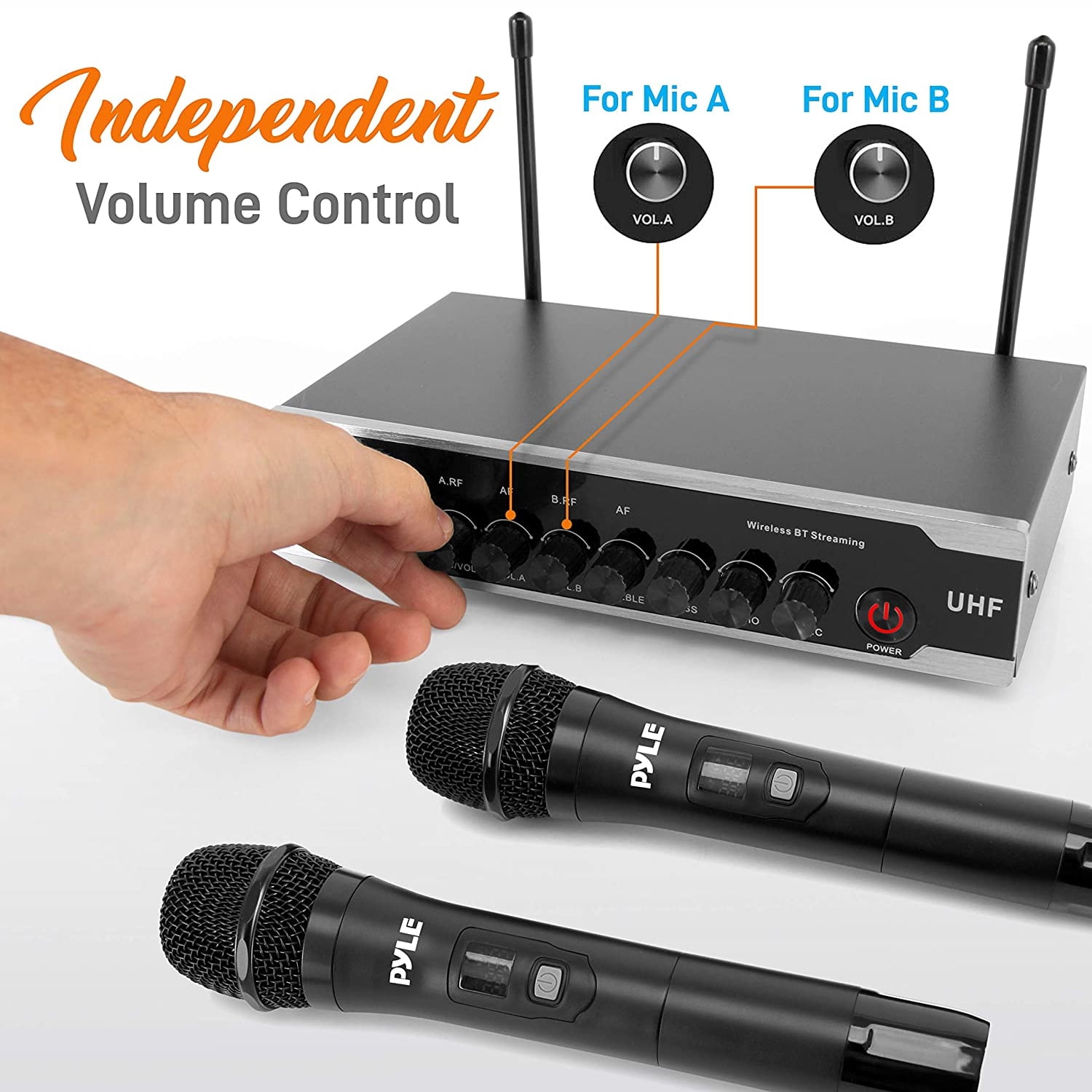 Pyle Portable Uhf Wireless Microphone System Battery Operate Dual Bluetooth Cordless Microphone Set