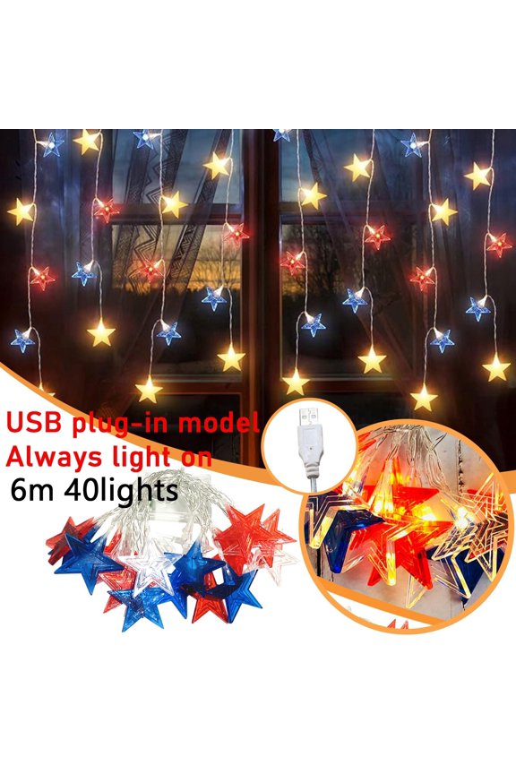 4th of July Patriotic Star String Lights USB Plug-in, Independence Day Red White and Blue LED Fairy Lights, American Flag Stars for Memorial Day Veterans Day Party Decor(6m)