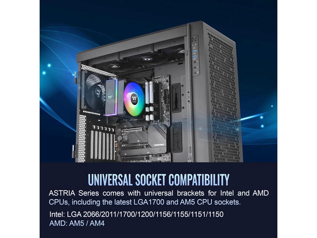 Thermaltake ASTRIA 200 ARGB Lighting CPU Cooler - 4.72" Maximum Fan Diameter - 1 x Fan(s) - 4 x Heat Pipe(s) - 65 CFM Maximum Airflow - 1800 rpm - 5V ARGB Header, 2510 - 4Pin - Compatible Intel Soc...