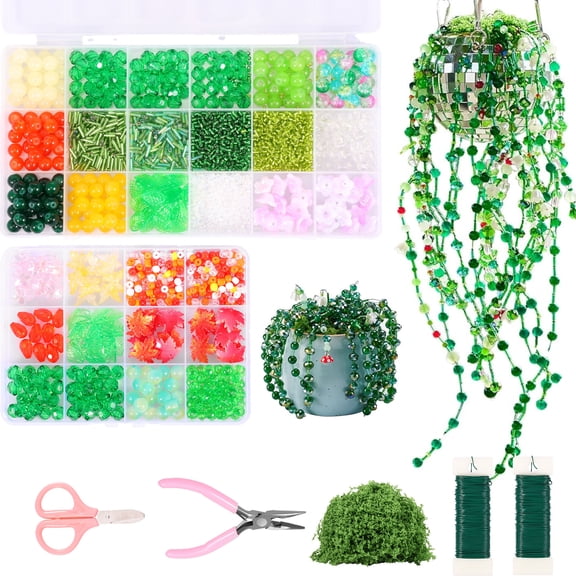 2865 Pcs Beaded Plant Kit,DIY Craft Set with Green Glass and Crystal Beads,Green Red Glass Beads for Forever Plant Making