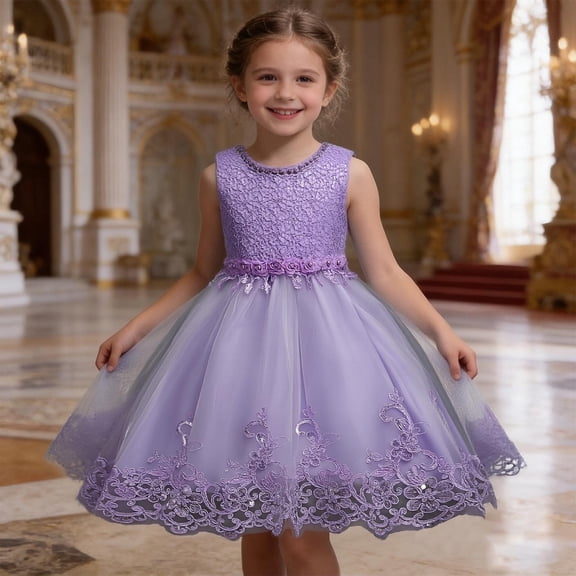 BRGZLK Girl's Formal Dress Kids Sleeveless Solid Color Round Neck Beaded Floral-Embroidered Evening Dresses Summer 2026 Camisole Tulle Dress Purple 5-6 Years