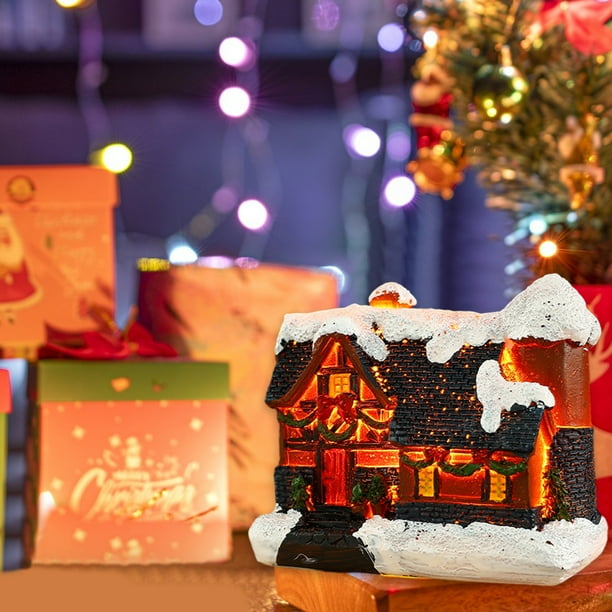 Christmas Winter Village Houses Set LED Lighted DIY Christmas Figurines Christmas Miniature Resin Ornament Kits Christmas Cedar Bare Branch Tree Street Lamp